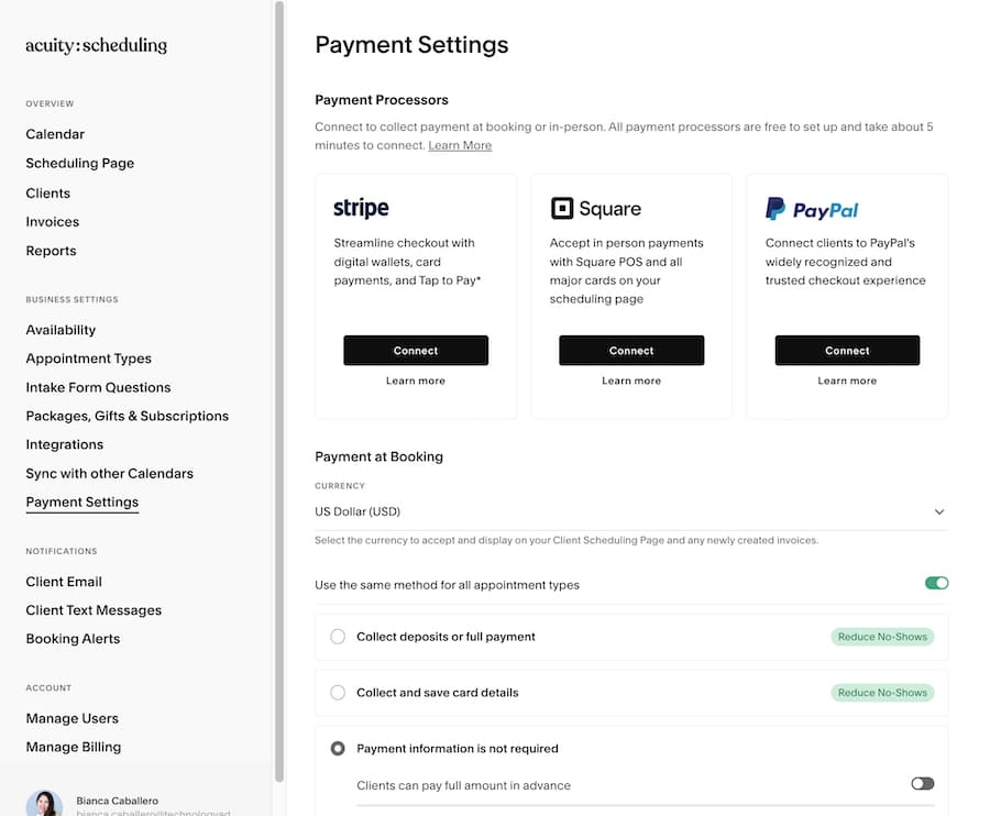 Acuity Scheduling's payment settings showing Stripe, Square, and PayPal as client payment options.