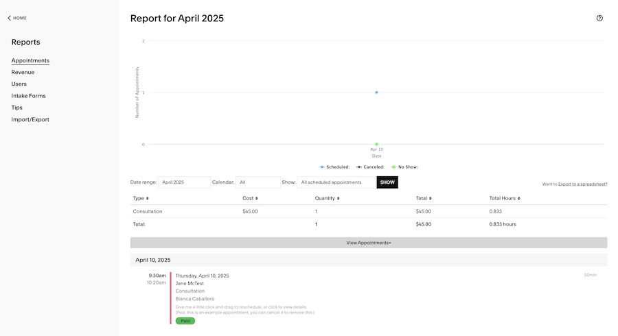 Acuity Scheduling's reporting tab showing a sample appointments report.