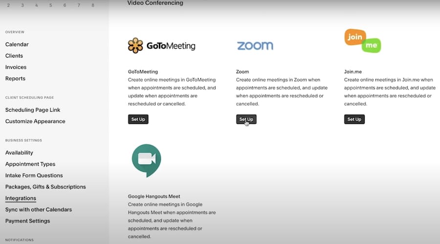 Acuity Scheduling's video conferencing integrations.