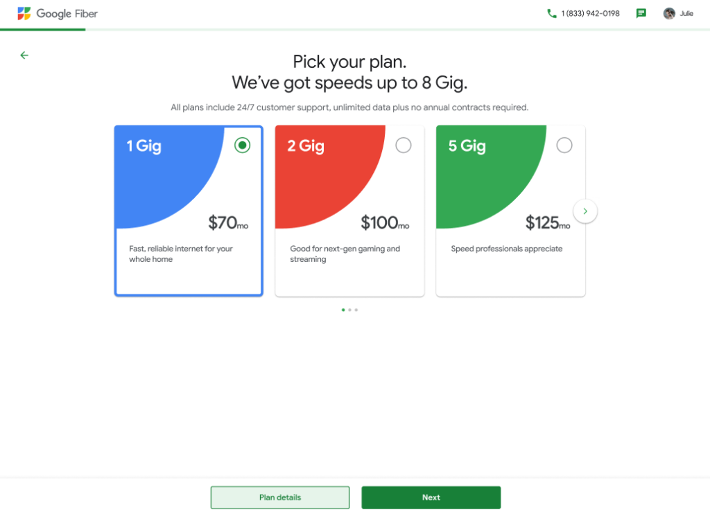 Google Fiber plan selector featuring three plans and their pricing.