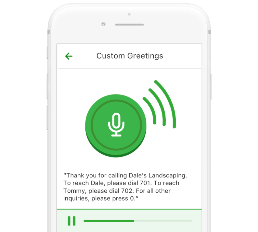 Mobile phone screen with example greeting for a Grasshopper business phone plan.