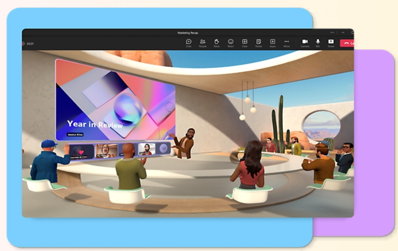 Microsoft Mesh virtual reality meeting with participant avatars.