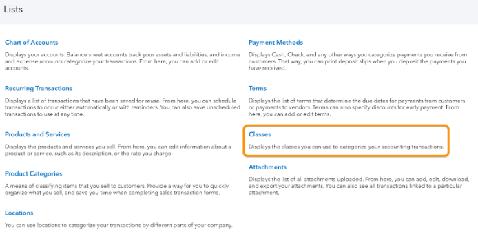 Screen showing how to navigate to "Classes" in QuickBooks Online