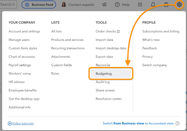 Screen showing how to Navigate to "Budgeting" in QuickBooks Online