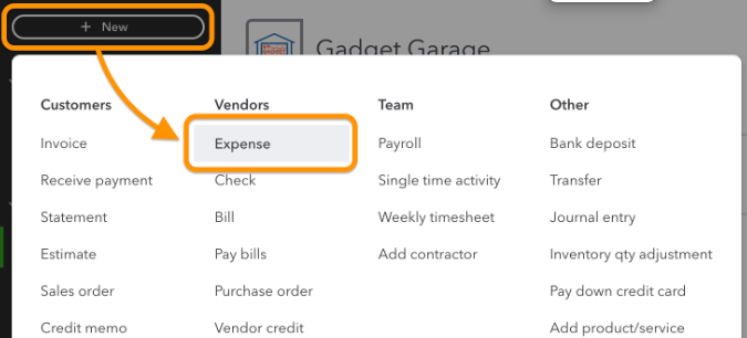 Screen showing how to navigate to "Expense" in QuickBooks Online.