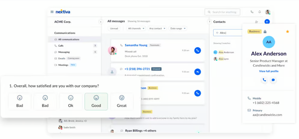 Nextiva customer experience platform with survey questions and caller data.