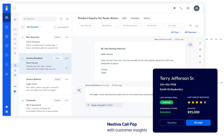 Nextiva app with customer data and call pop providing detailed analytics and customer scores.