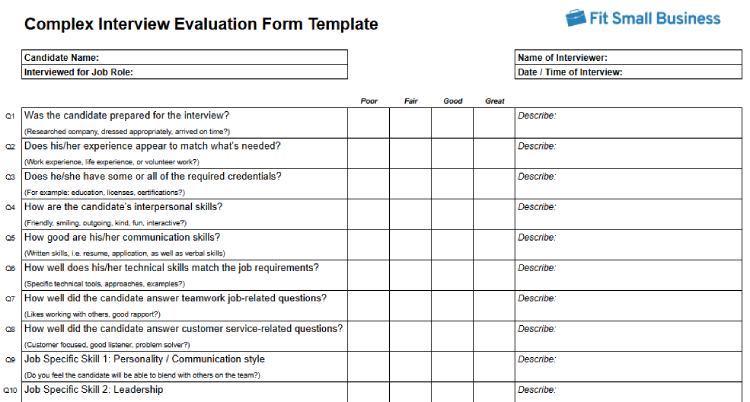 Complex Interview Evaluation Form.