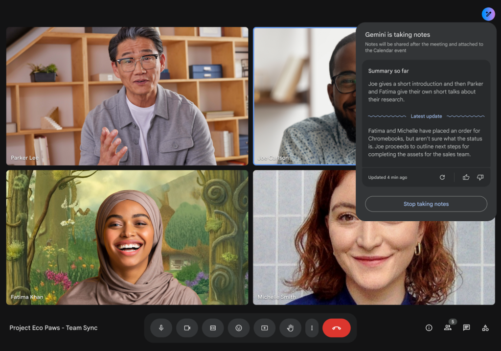 Google Meet with Gemini AI summarizing live meeting notes in real time.