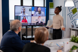 manager woman talking with remotely colleagues on