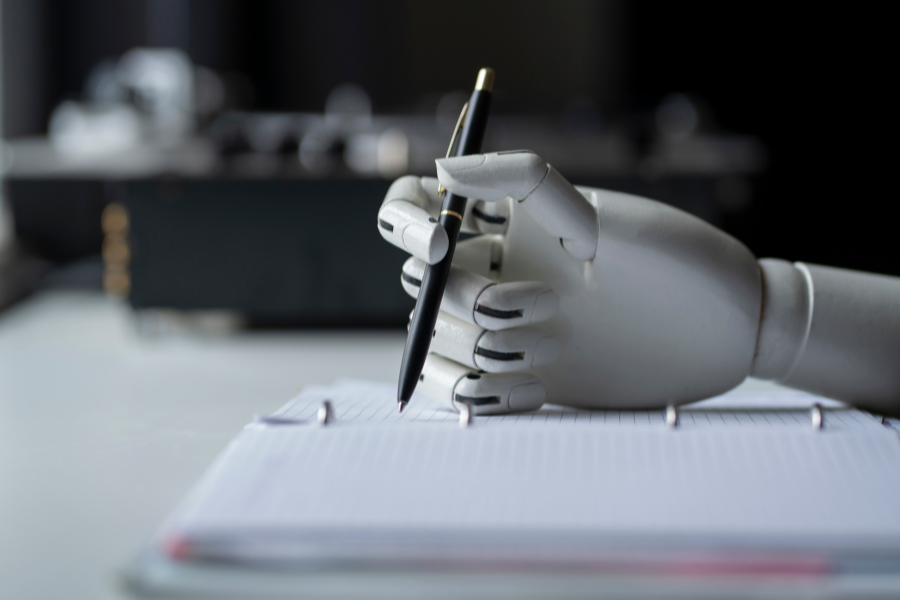 the artificial robotic arm write down some notes with pen