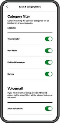 Mobile phone screen featuring Verizon call filtering settings.