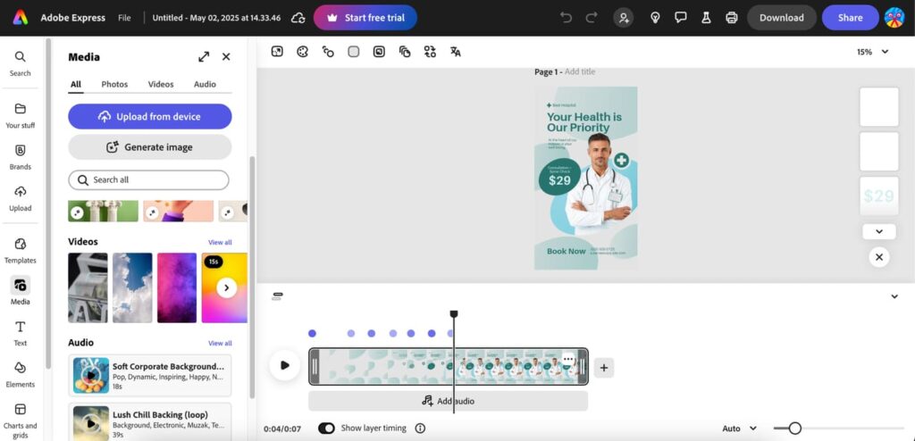 A vertical video being created in Adobe Express.