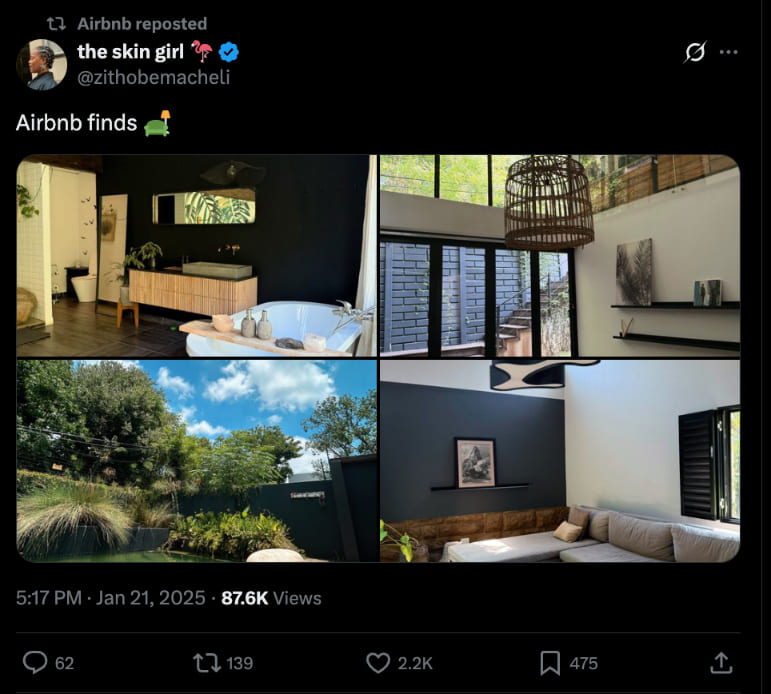 An X post by an Airbnb customer with images of an Airbnb home's interior.