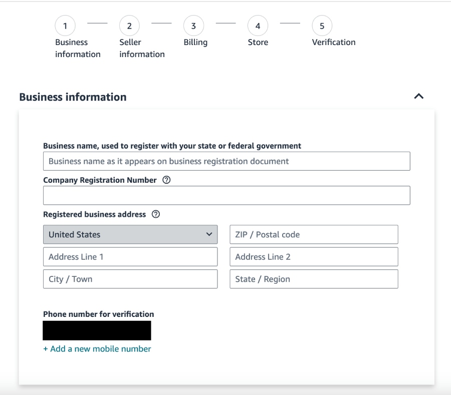 Registering for a Seller Account in Amazon, setup wizard.