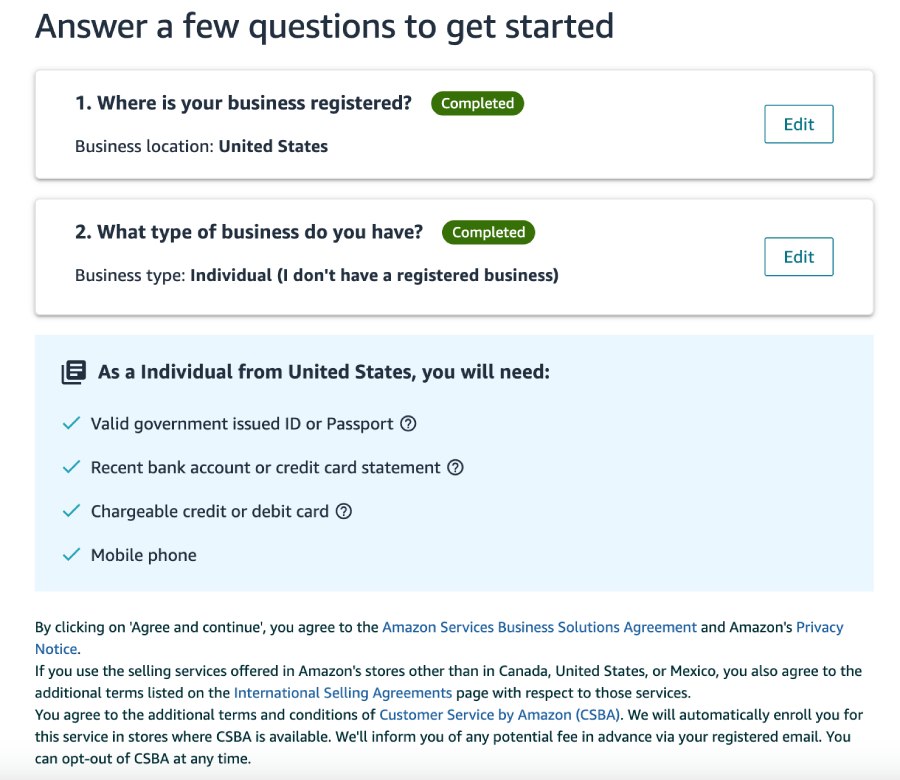 Registering for a Seller Account in Amazon, specifying business information and location, listed requirements.