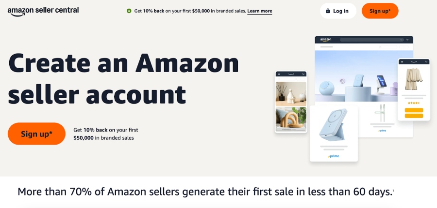 Amazon Seller sign up page homepage.