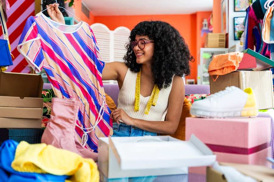 Beautiful young hispanic woman managing her home e-commerce business from home