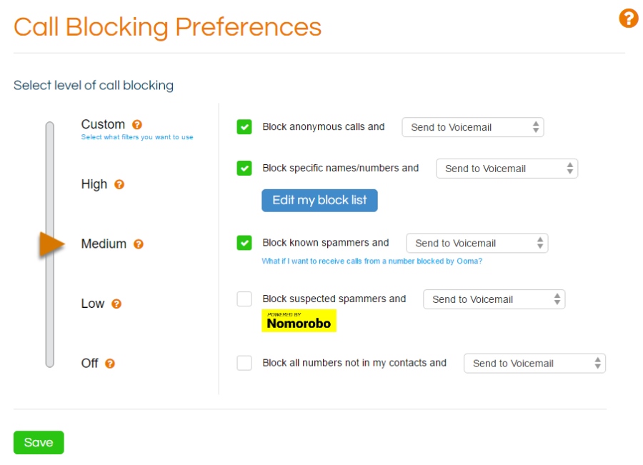 Ooma call blocking settings with spam filters and voicemail routing.