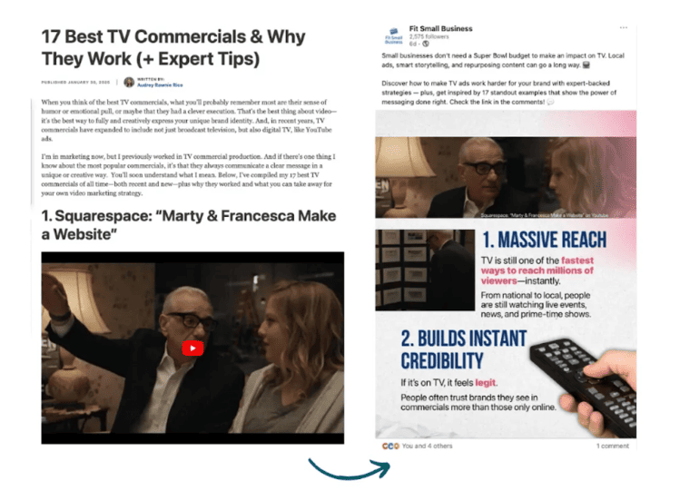 A blog post on Fit Small Business about TV commercials being turned into an infographic for Linkedin.