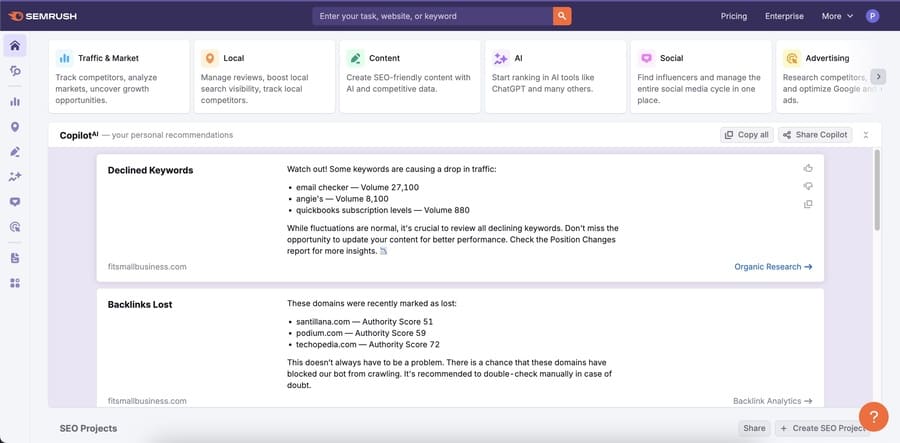 Semrush's AI assistant, Copilot AI, giving a personalized list of SEO recommendations.