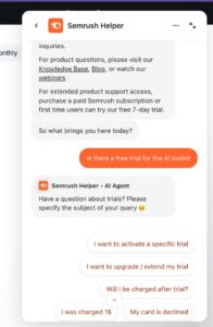 Semrush's AI support chatbot answering a query.