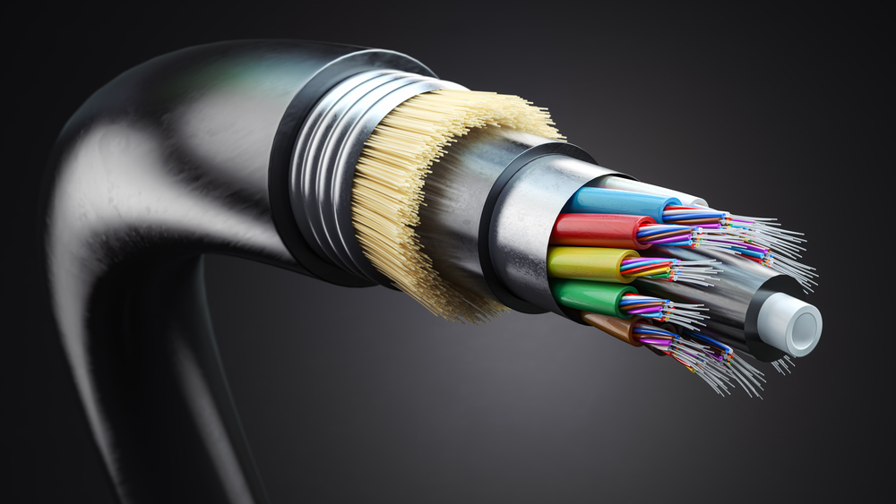 Fiber optic cable. Multimode all-media self-supporting fiber optic cable structure on black background. 3d illustration