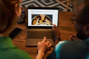 Colleagues discussing image in a laptop