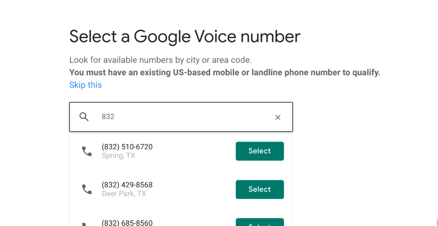 Google Voice number selection screen with area code search.