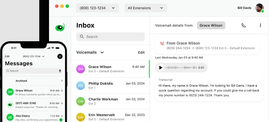 Grasshopper app showing voicemails and transcripts on phone and desktop.