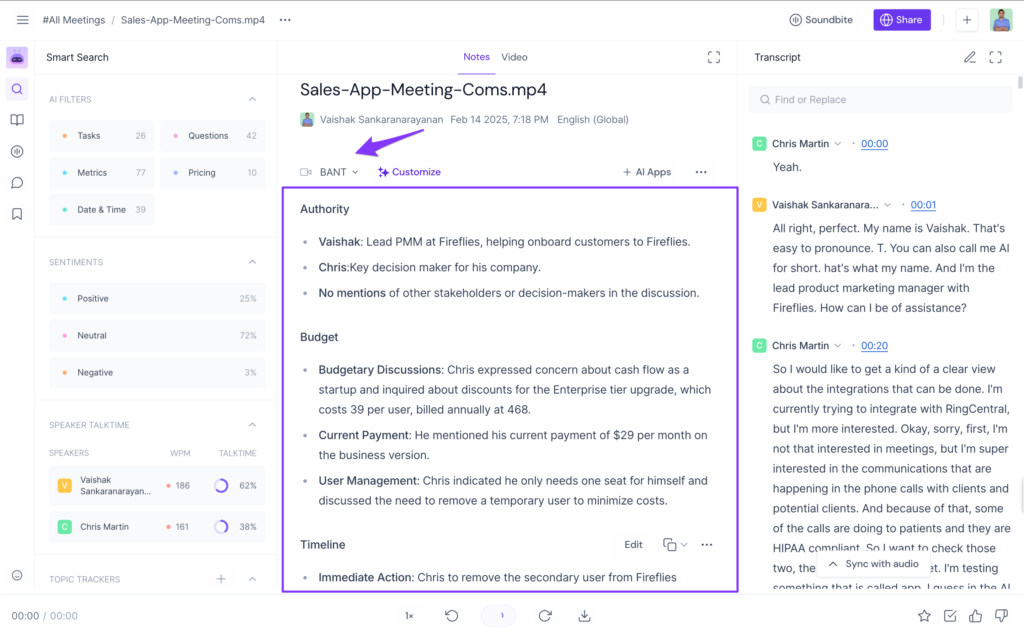 Fireflies.ai dashboard showing AI-generated meeting notes, smart search, and transcript.