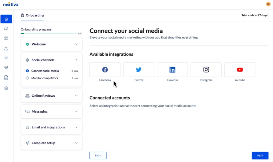Nextiva dashboard showing social media integrations for onboarding.