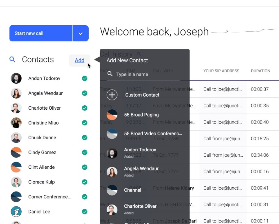 OnSIP interface showing contact list, call history, and contact adding popup.