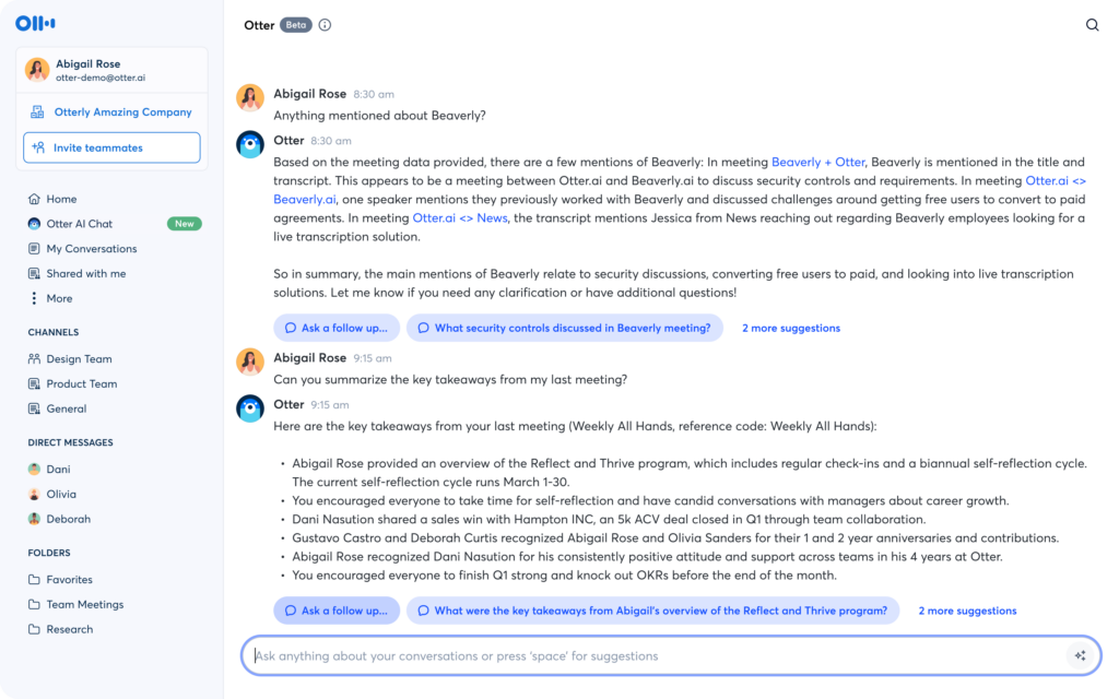 Otter.ai interface with AI-generated meeting summary and chat-based conversation insights.