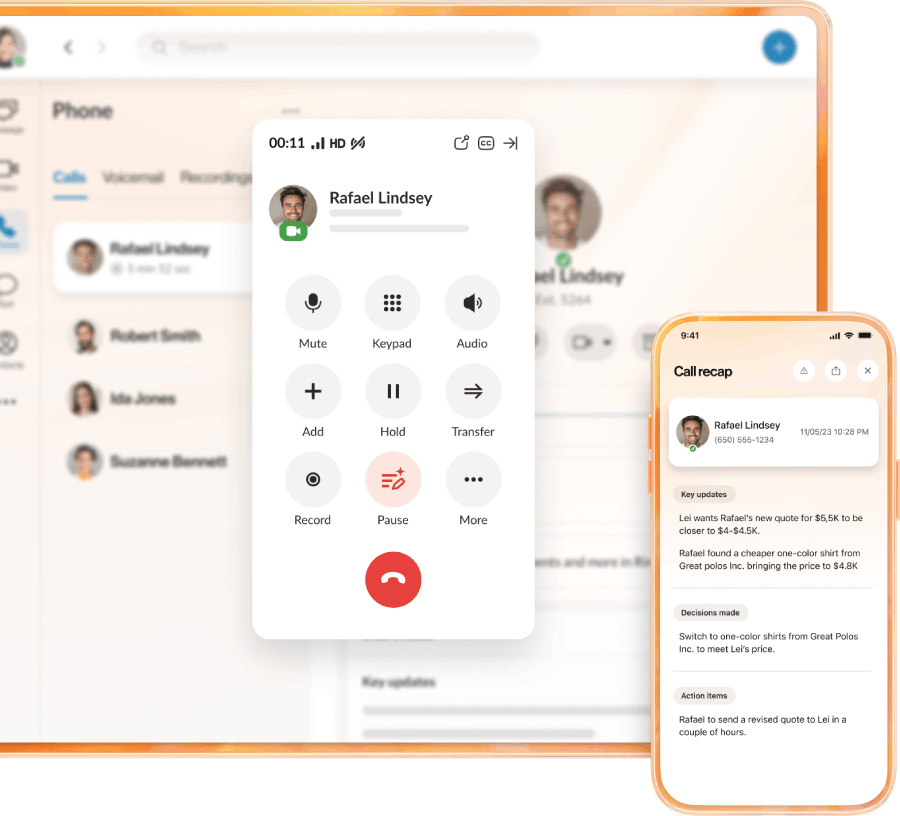 RingCentral dial pad with call controls and call recap notes on mobile.