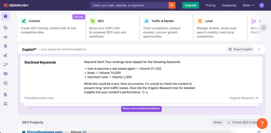 Semrush's new interface with various Toolkits on the left-hand menu.