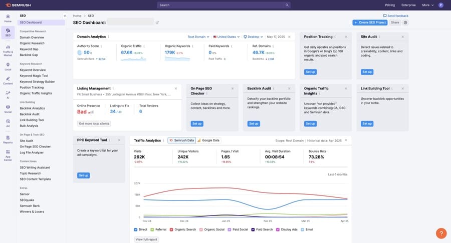 Semrush's SEO dashboard with an overview of domain and traffic analytics.