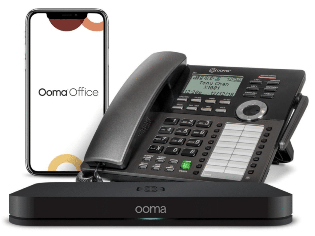 Ooma Office desk phone, base unit, and mobile app interface.