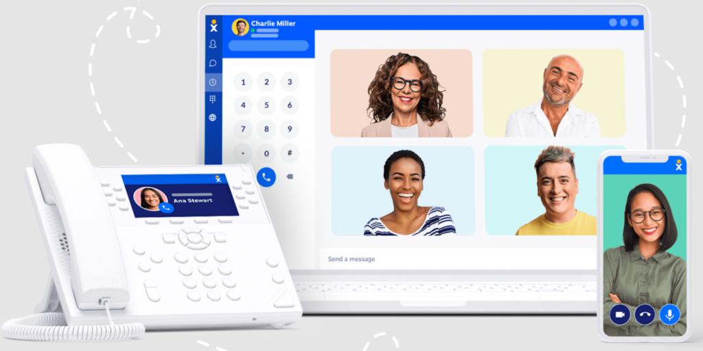 Nextiva phone system with video call and mobile access on multiple devices.