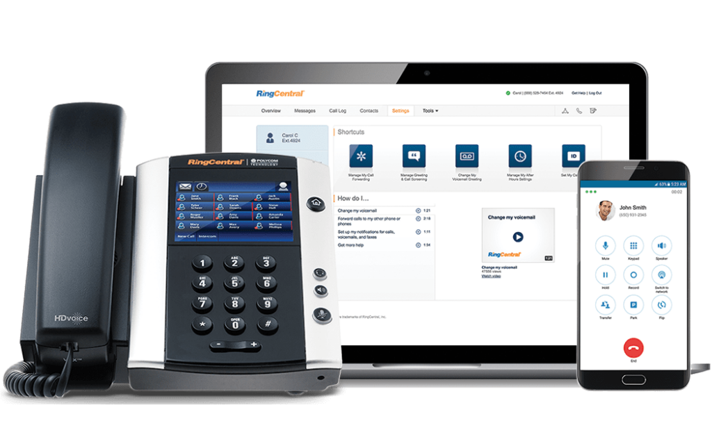RingCentral VoIP setup with IP phone, laptop, and mobile device.