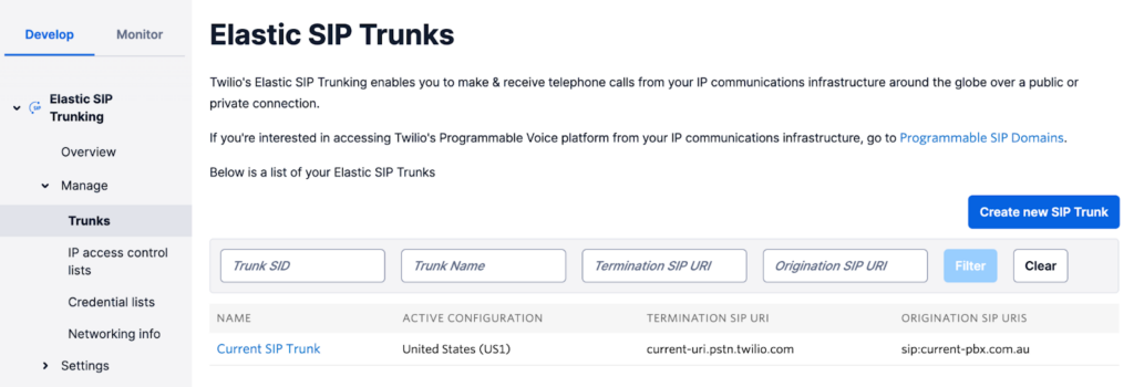 Twilio interface showing SIP trunk settings and configurations.