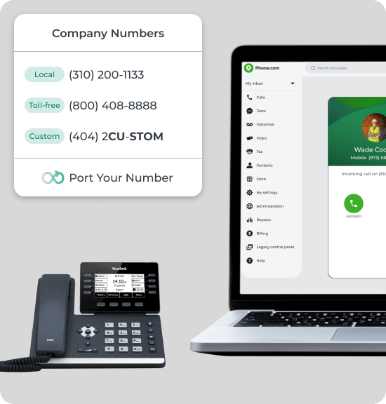 Phone.com call interface with company numbers and Yealink desk phone.