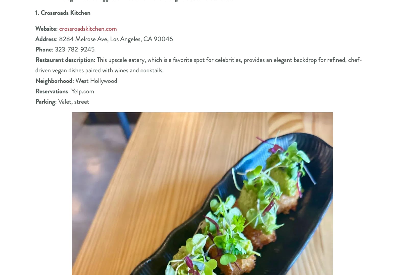 A blog post about vegan restaurants in Los Angeles with links to the restaurants' websites.