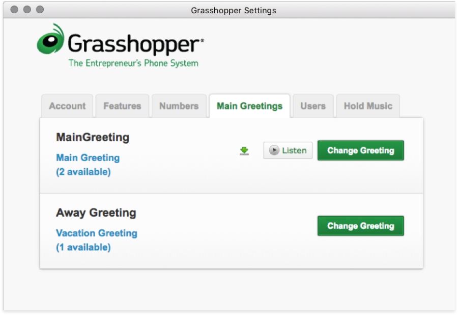 Grasshopper settings featuring options to change the main greeting and away greeting.