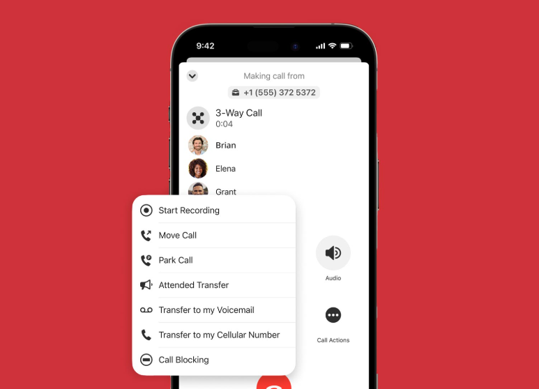 Mobile phone screen with the Ooma app's call forwarding features displayed as a pop-up.