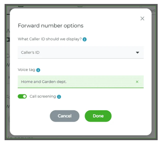 Phone.com call forwarding features with options to create voice tags from the caller ID.