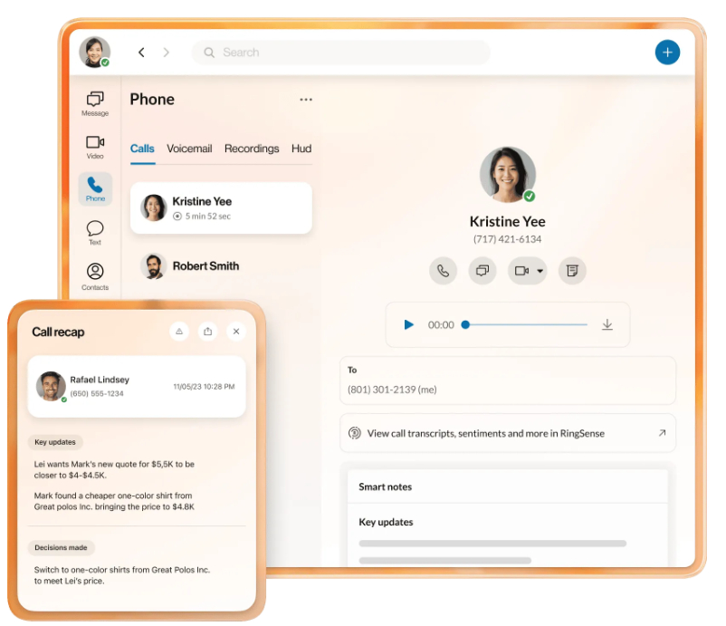 RingCentral AI virtual assistant providing call recaps in the desktop app.