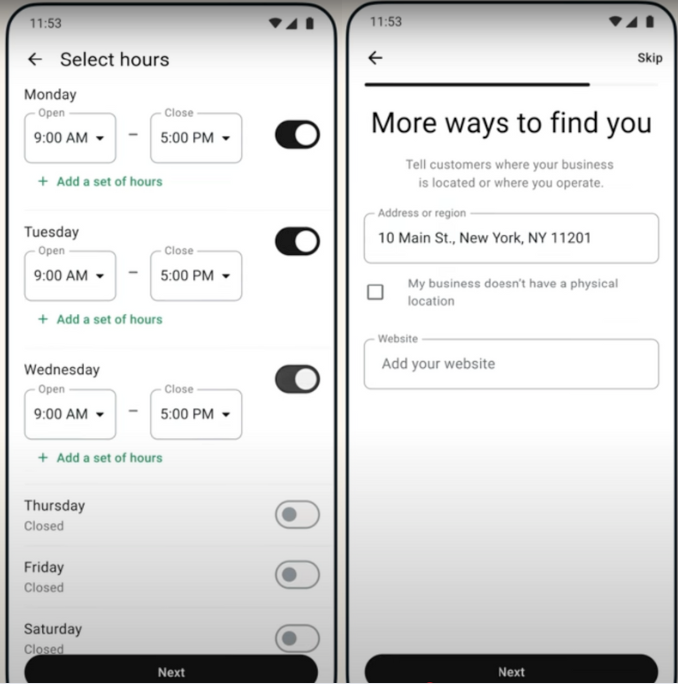 Input your specific business hours, address, and website.