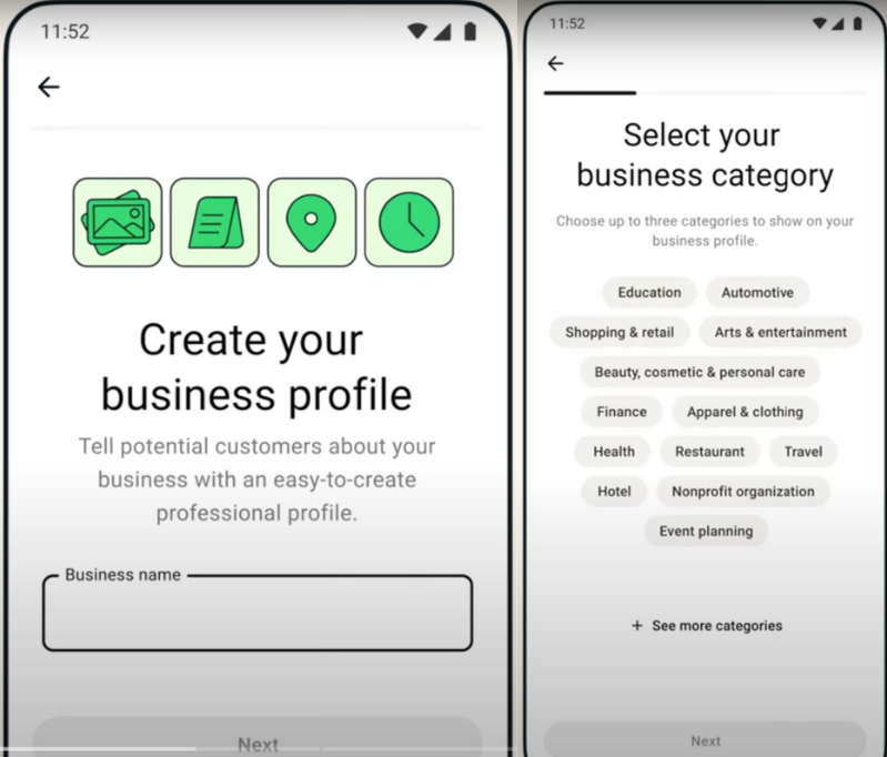 WhatsApp Business' create your business profile page and Selecting a business category .