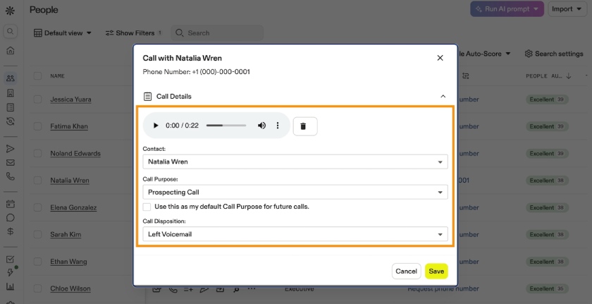 A mockup of Apollo.io's prospect list with built-in dialer showing call details, contact details, and call recording.
